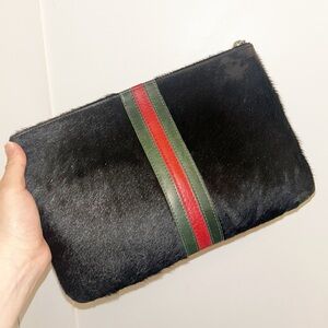 Black Haircalf Clutch with Green and Red Stripe